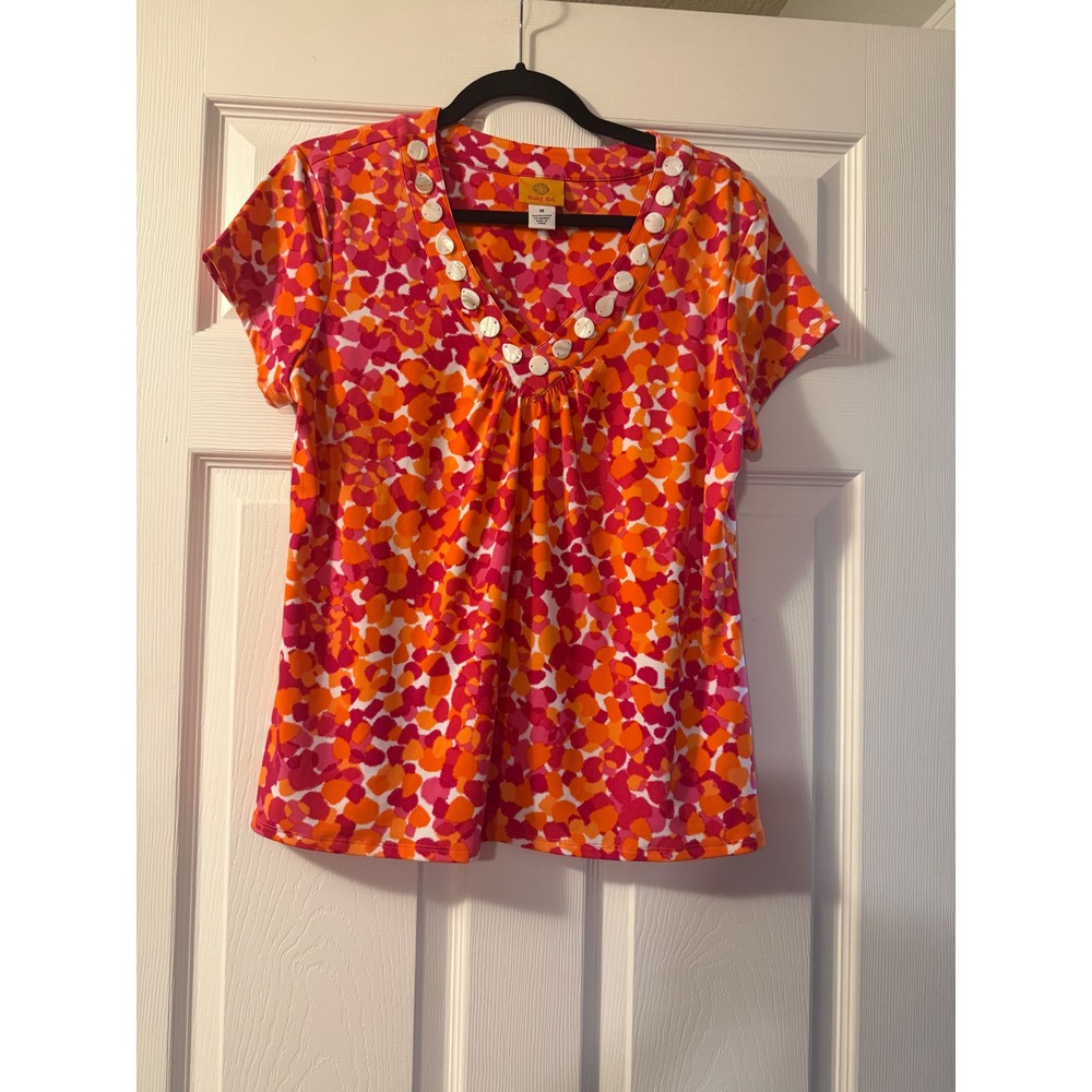 Ruby Rd Womens Orange Pink Abstract Dot Print Shell Button V-Neck Top Medium